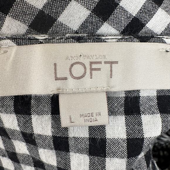 LOFT Blouse Top Plaid Gingham Check Boho Bell Sleeves Black White L Cottage Core - Picture 8 of 11